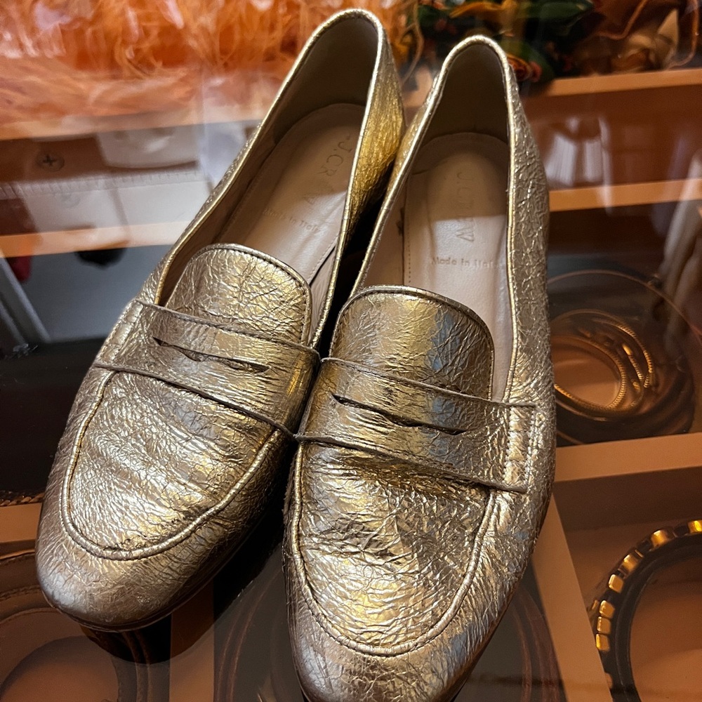 J. Crew Gold Foil Leather Penny Loafers